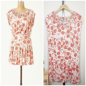 Leifnotes Anthropologie Brand Coral Cream Floral Drop Waste Dress Size X-Large